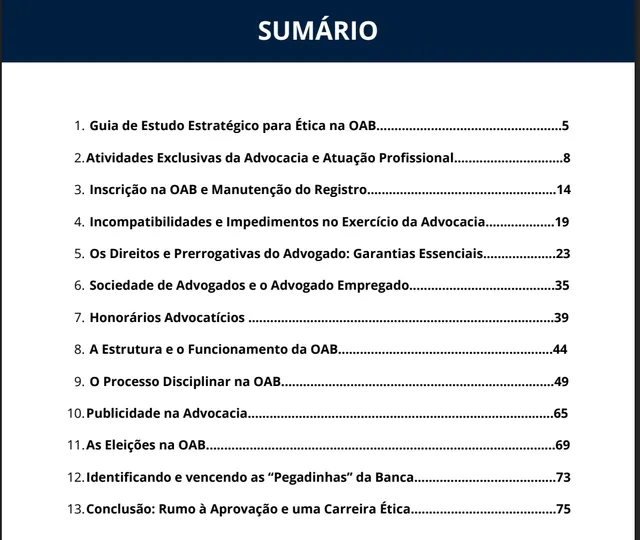 Sumário — 13 capítulos cobrindo todo o conteúdo de Ética para OAB